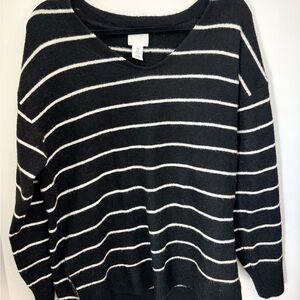 H&M Black and White Striped V-Neck Sweater